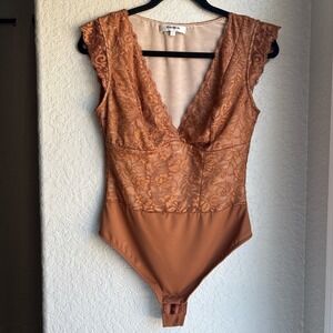 Popilush Floral Lace Shapewear Bodysuit Large Brown V-Neck Thong Cap Sleeve